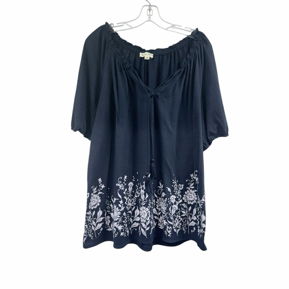 Indigo Rose Floral Blue and White Bell Sleeve Blouse with Tie Front Size 2X